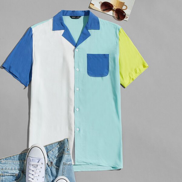 

Men Pocket Patched Colorblock Shirt, Multicolor