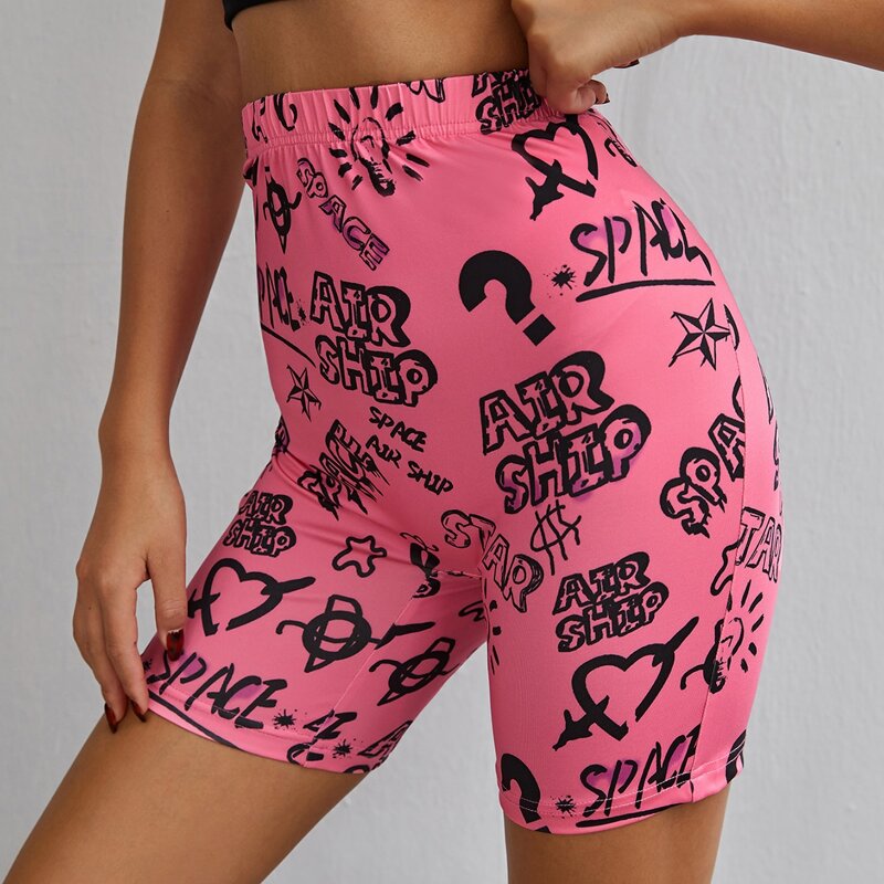 

Letter & Graffiti Print Biker Shorts, Pink