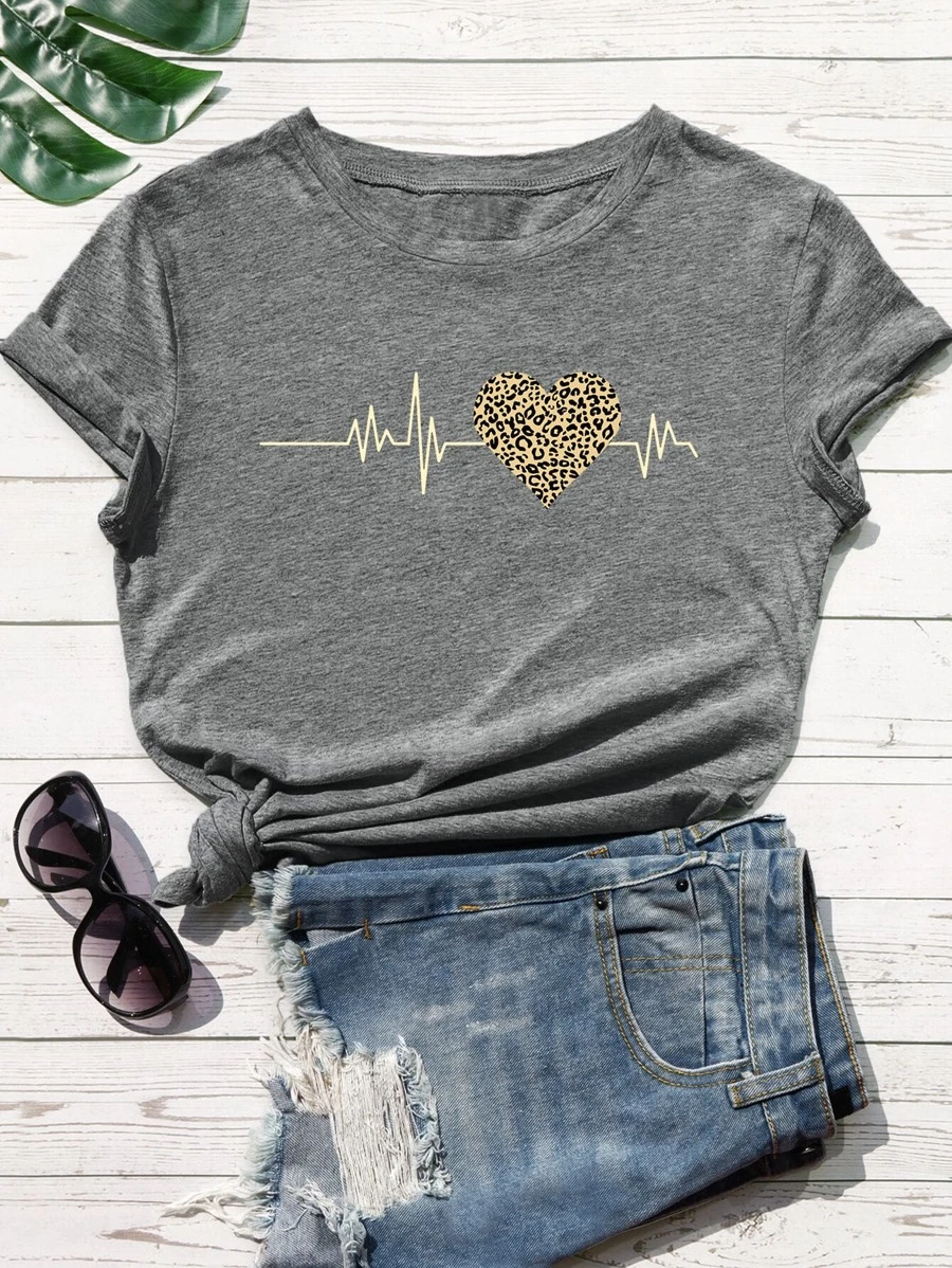 SHEIN LUNE Camiseta de cuello redondo con estampado de electrocardiograma - Gris - Ver 1