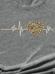 SHEIN LUNE Camiseta de cuello redondo con estampado de electrocardiograma - Gris - Ver 4
