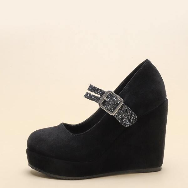 

Glitter Decor Mary Jane Wedges, Black