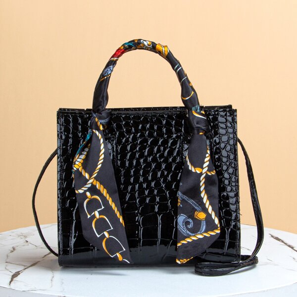 

Twilly Scarf Decor Croc Embossed Satchel Bag, Black