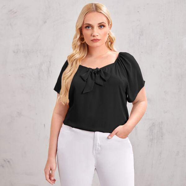 

Plus Tie Front Raglan Sleeve Solid Top, Black
