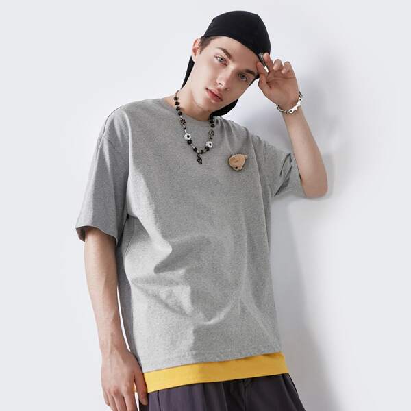 

Men Bear Patch Drop Shoulder Tee, Light grey