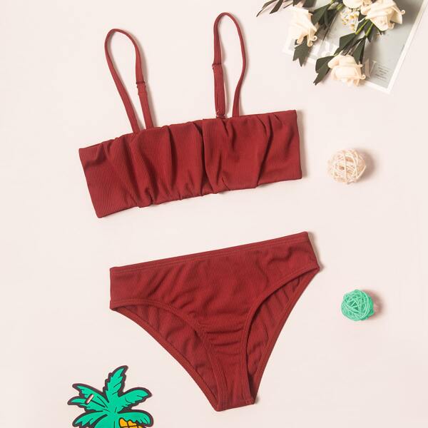 

Girls Rib Ruched Bust Bikini Swimsuit, Red