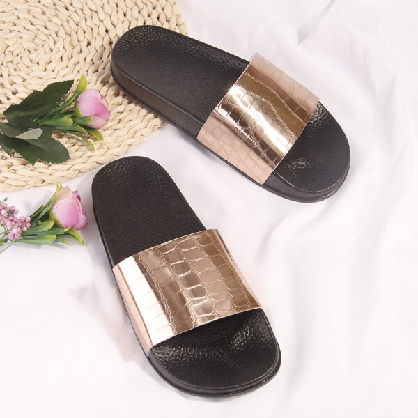 

Metallic Croc Embossed Slides, Gold