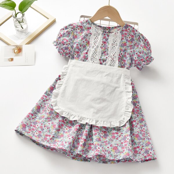 

Toddler Girls Ditsy Floral Print Lace Panel Dress & Apron, Multicolor
