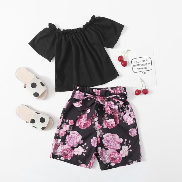 

Toddler Girls Frill Tee With Floral Belted Shorts, Multicolor