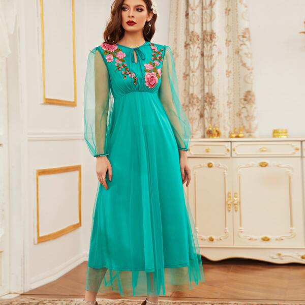 

Tie Neck Applique Front Mesh Sleeve Dress, Green