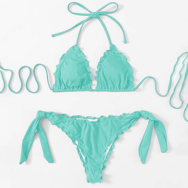 

Lettuce Trim Halter Tie Side Bikini Swimsuit, Mint green