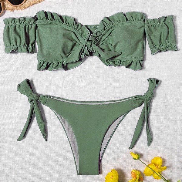 

Knot Frill Off The Shoulder Bikini Swimsuit, Army green