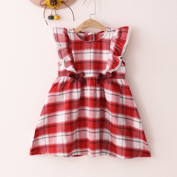 

Toddler Girls Plaid Ruffle Trim Bow Detail Dress, Red