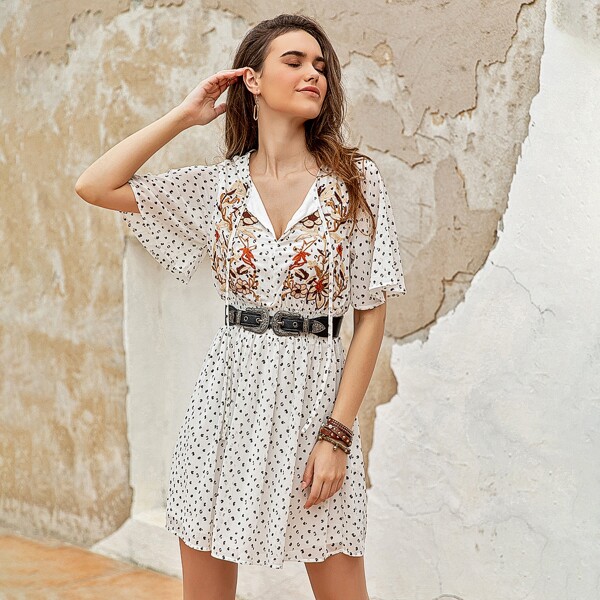 

Tie Neck Floral Embroidery Allover Print Dress Without Belt, White