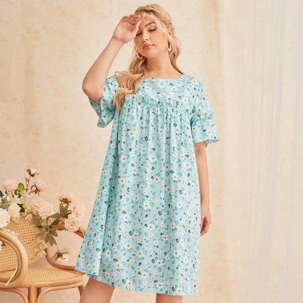 

Plus Flounce Sleeve Frill Trim Floral Sleep Dress, Baby blue