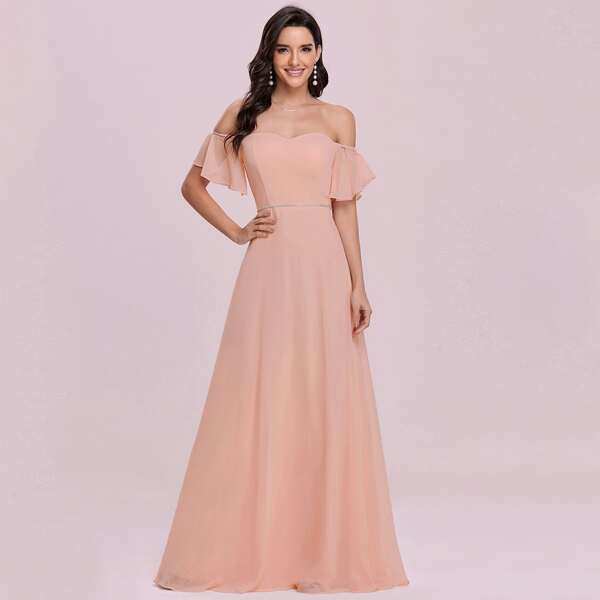 

Off Shoulder Flounce Sleeve Tape Prom Dress, Baby pink