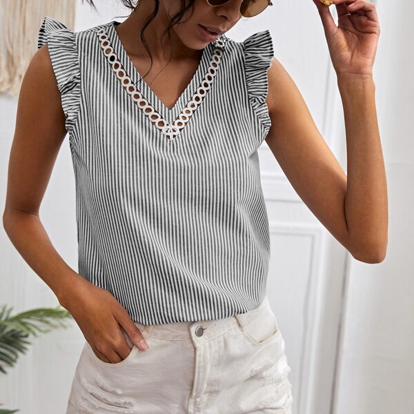 

Striped Guipure Lace Insert Ruffle Trim Blouse, Grey