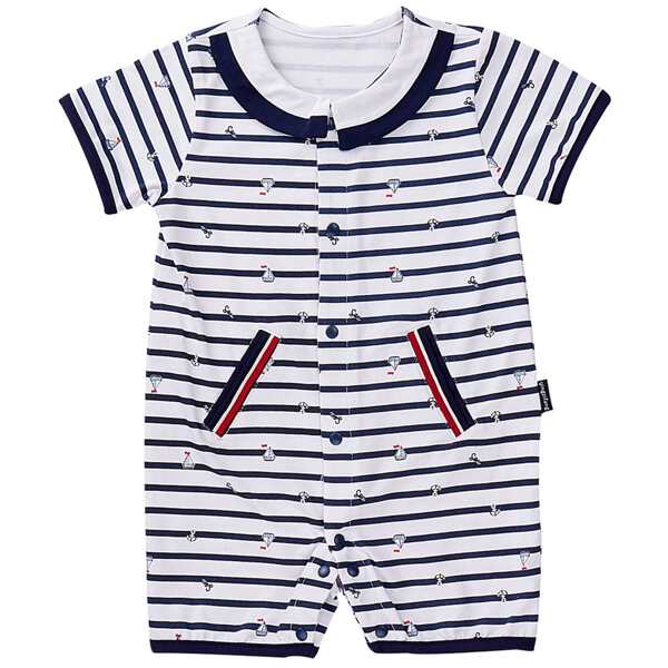 

Baby Unisex Cartoon & Striped Graphic Romper, Blue and white