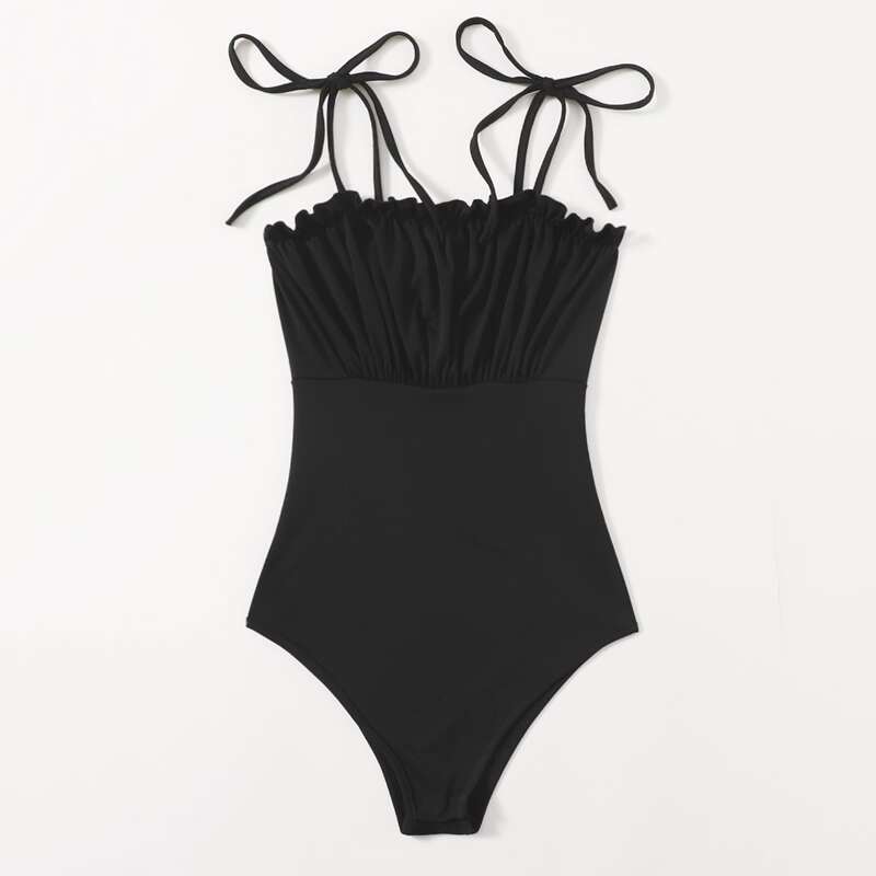 

Solid Ruched Bust Tie Shoulder Bodysuit, Black