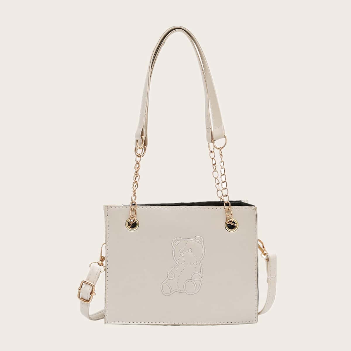 

Bear Embroidery Shoulder Bag, Beige