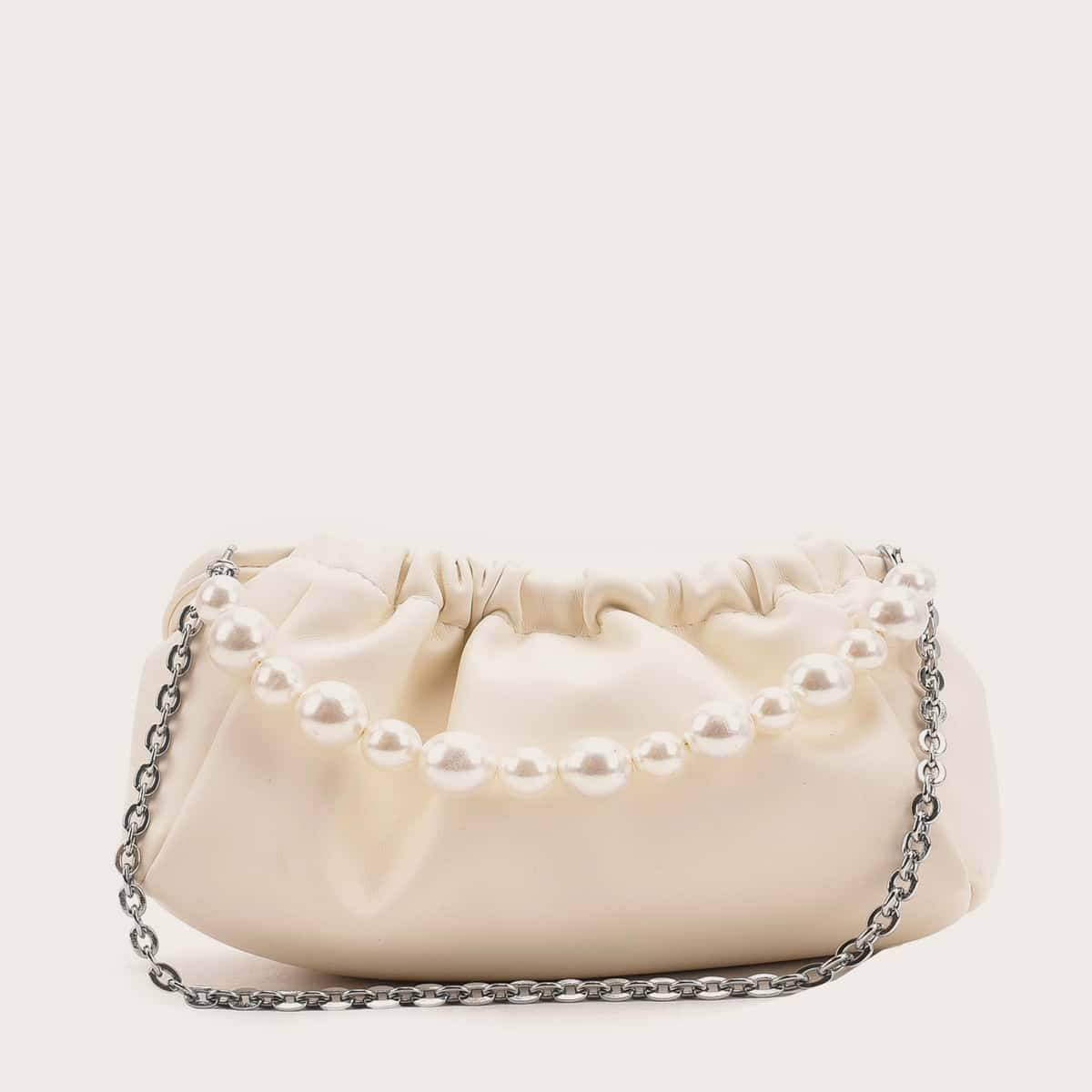 

Faux Pearl & Chain Decor Ruched Bag, Beige