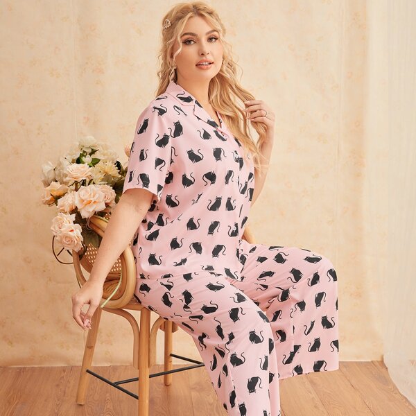 

Plus Patch Pocket Cat Print Top & Pants PJ Set, Multicolor