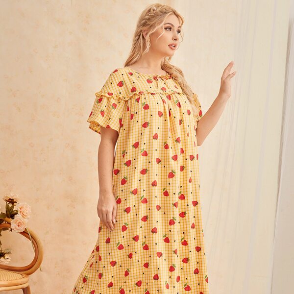 

Plus Tie Neck Flounce Sleeve Tartan & Strawberry Night Dress, Yellow
