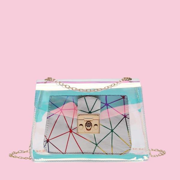 

Holographic Twist Lock Flap Chain Bag, Silver