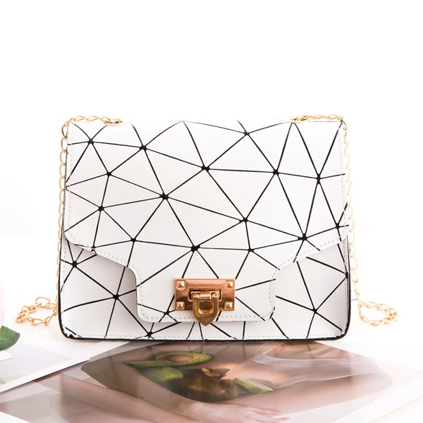 

Geometric Graphic Flap Chain Bag, White