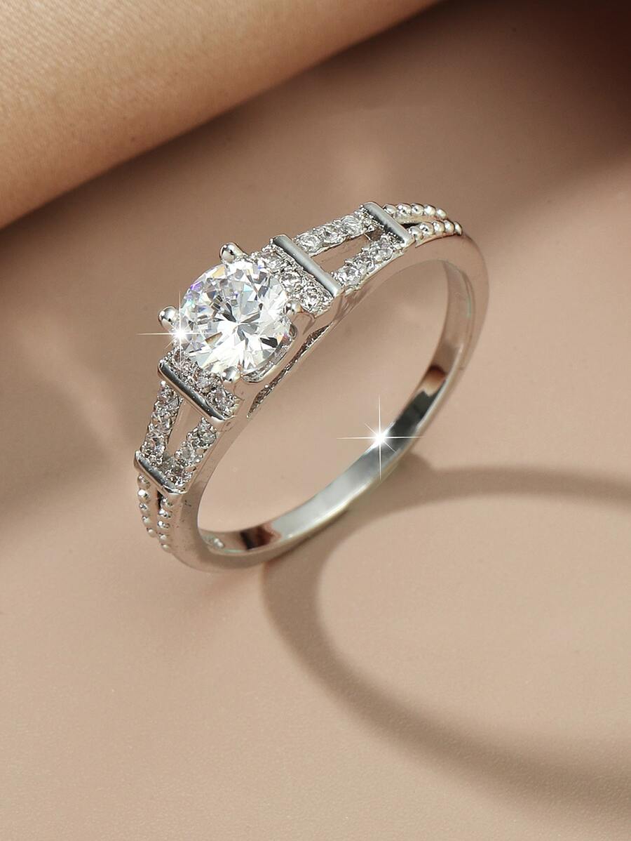 1入組時尚方晶鋯石裝飾戒指適合女士適合情人節禮品適合派對宴會婚禮 - 銀色 - 查看 1