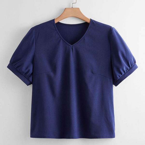 

Plus Solid V-neck Blouse, Navy blue