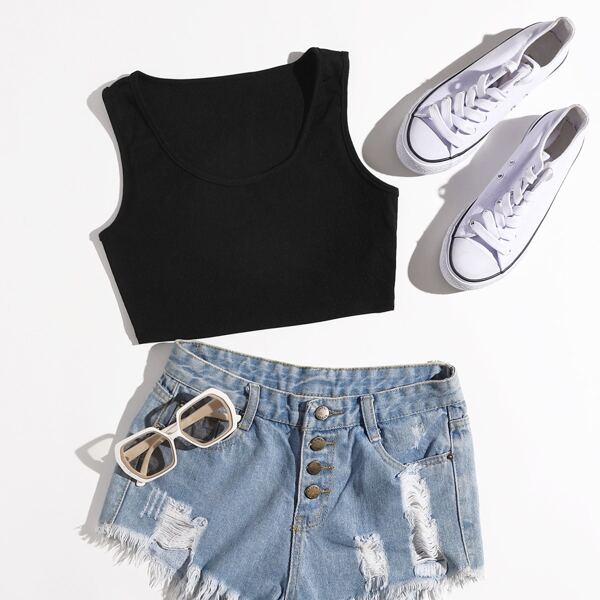 

Solid Crop Tank Top, Black