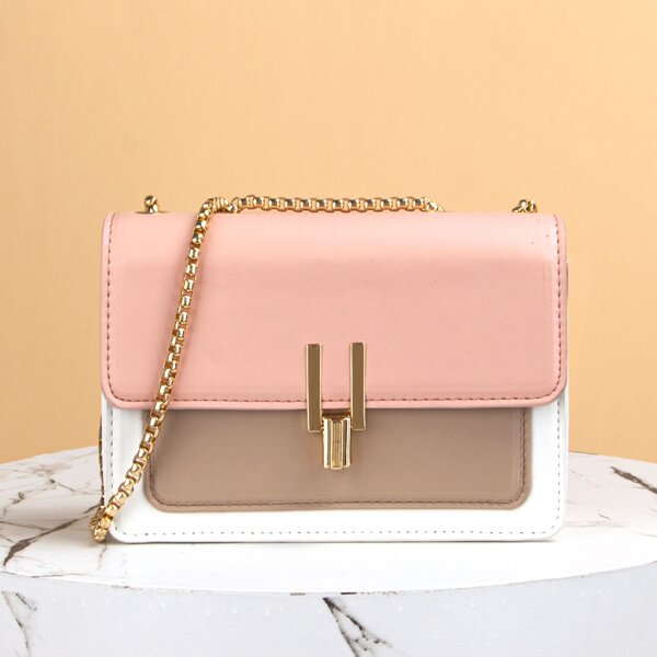 

Color Block Flap Chain Bag, Pink