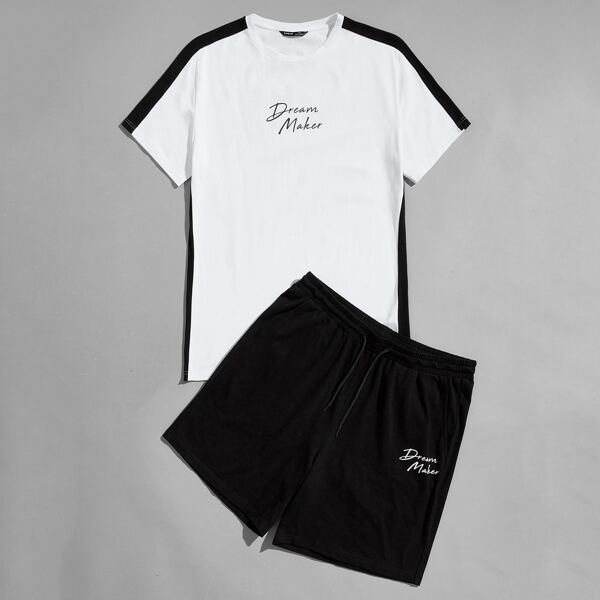 

Men Letter Graphic Side Stripe Tee & Shorts Set, Black and white