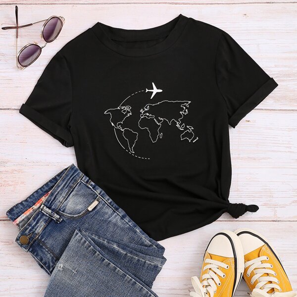 

Plus Map And Plane Print Tee, Black