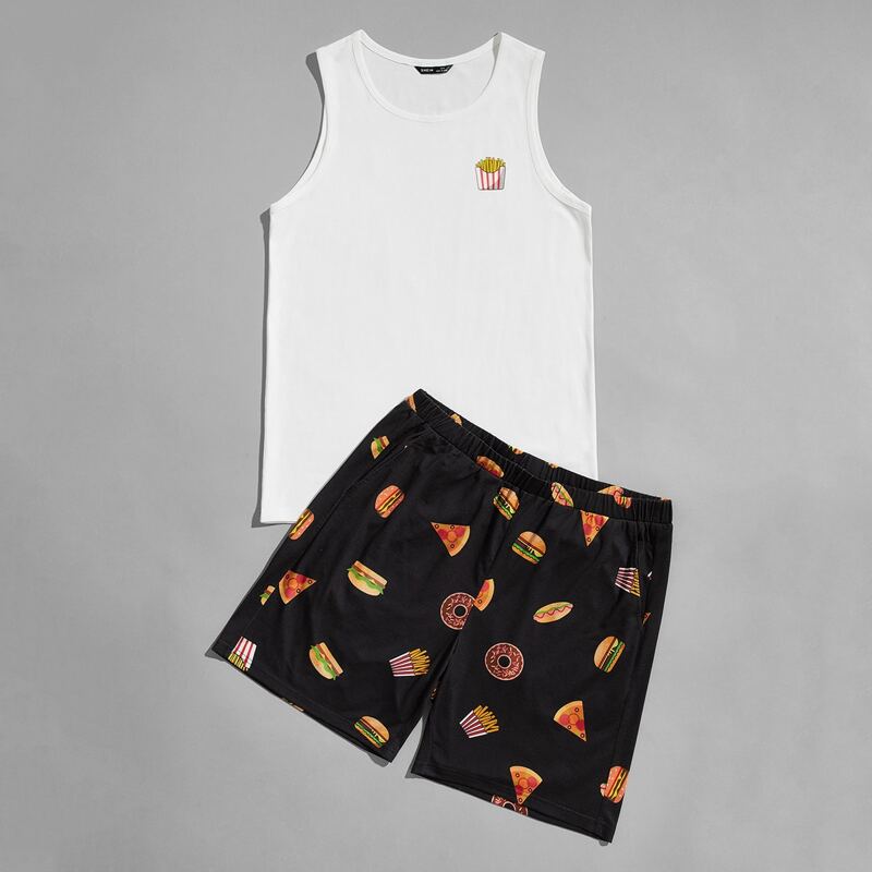 

Guys Cartoon Graphic Tank Top & Shorts PJ Set, Black and white