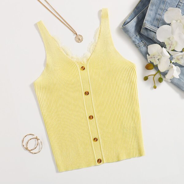 

Contrast Lace Button Front Knit Top, Yellow