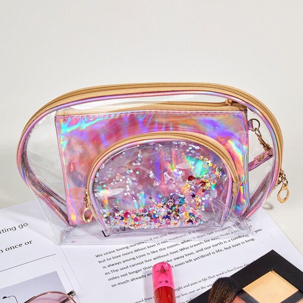 

3pcs Holographic Makeup Bag, Pink