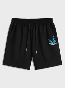 Manfinity Hombres Shorts con mariposa con con estampado de slogan - Negro - Ver 1