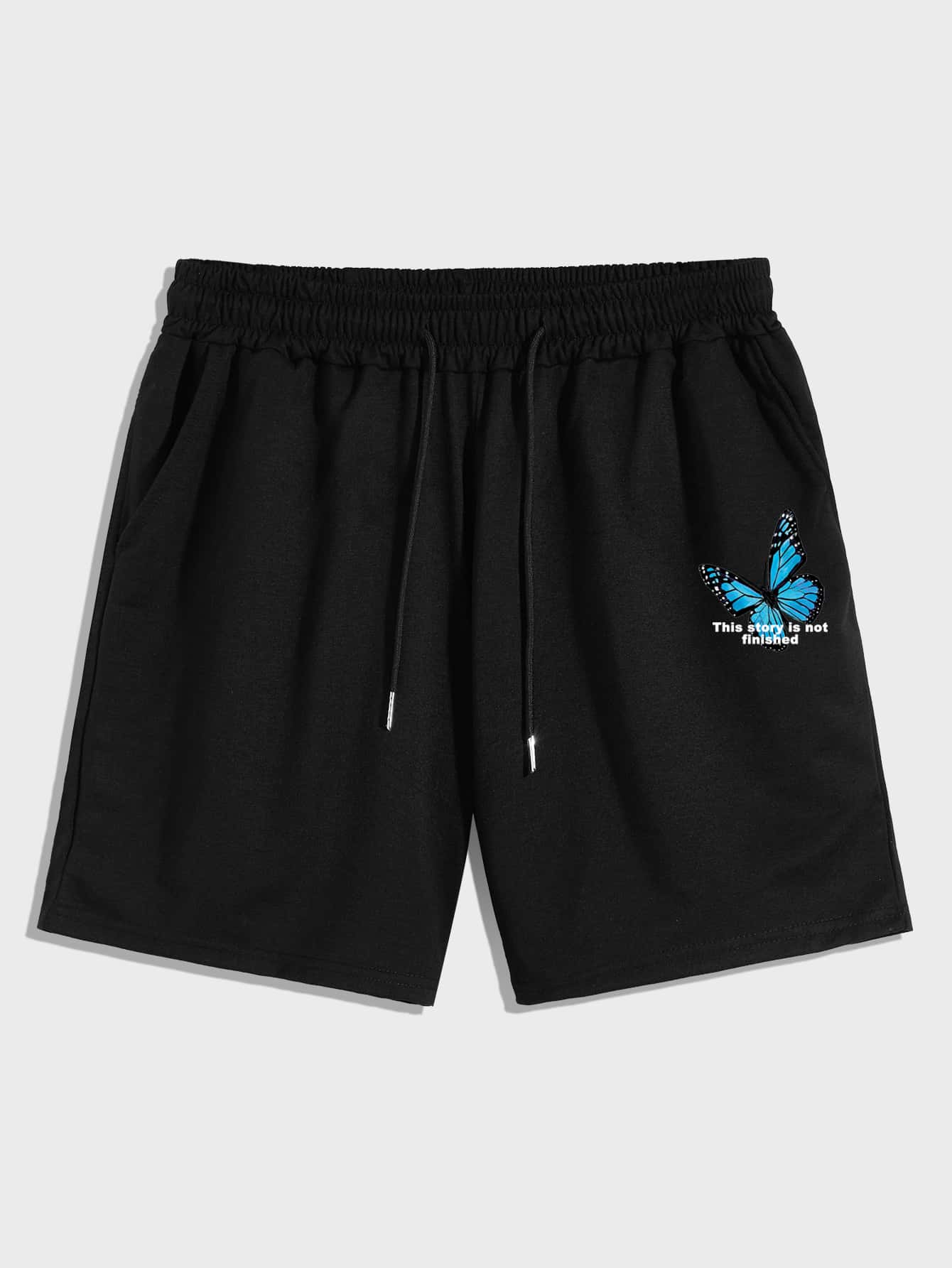 Manfinity Hombres Shorts con mariposa con con estampado de slogan - Negro - Ver 1