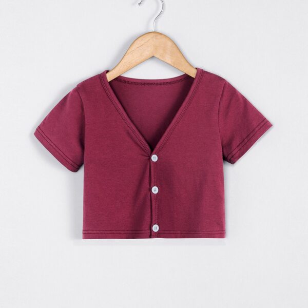 

Toddler Girls Solid Button Up Tee, Red violet