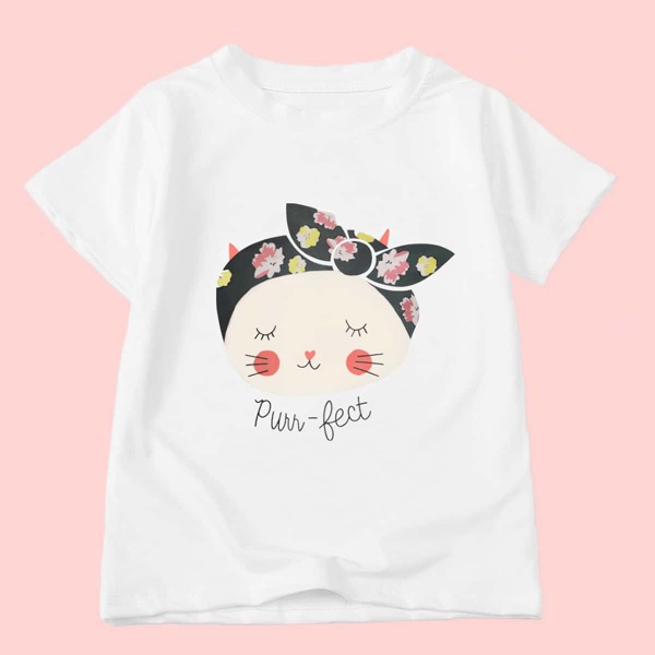 

Toddler Girls Cartoon Cat Print Tee, White