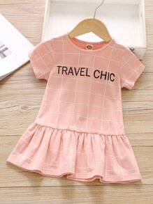 SHEIN Đầm bé gái Viên lá sen Sọc ca rô Dễ thương - Màu Hồng  San hô - Xem 1