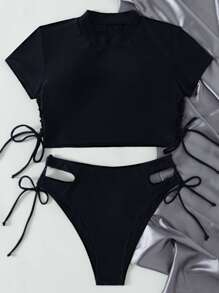SHEIN Swim Summer Beach Solid Bikini Set Short Sleeve Tee & Cut Out Tie Side Bottom 2 Piece Bathing Suit - Black - View 5