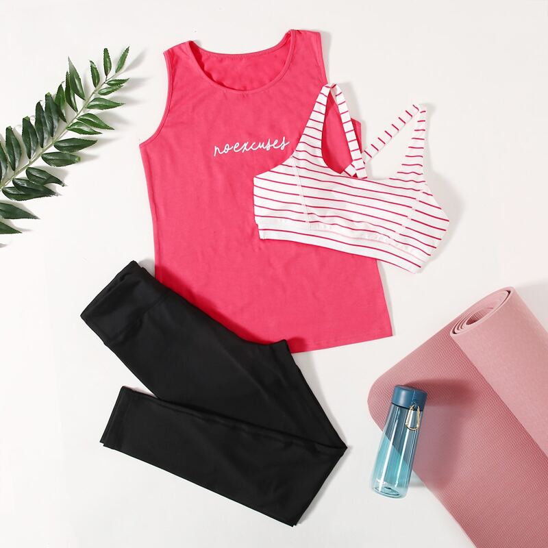 

3pcs Striped Sports Bra & Tank Top & Leggings, Multicolor