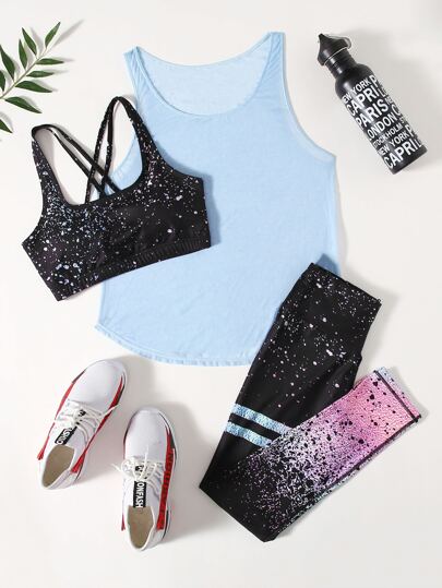 طماق مع لباس علوي تانك مع حمالة صدر رياضي لوحة بقع 3 قطع