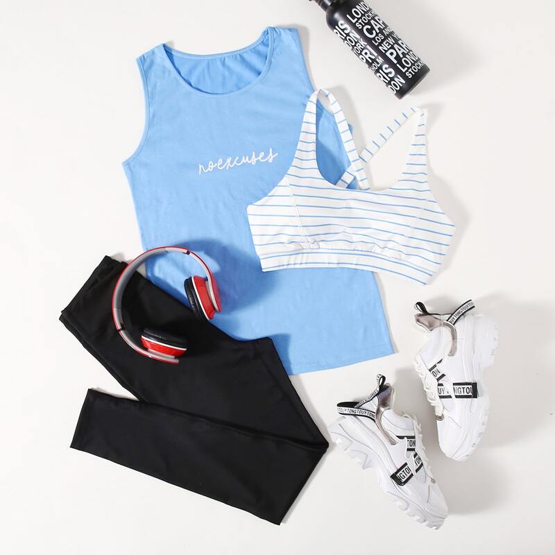 

3pcs Striped Sports Bra & Tank Top & Leggings, Multicolor