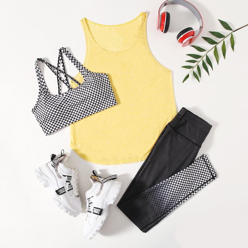 

3pcs Polka Dot Sports Bra & Tank Top & Leggings, Multicolor