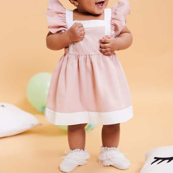 

Baby Girl Ruffle Trim Button Back Dress, Dusty pink