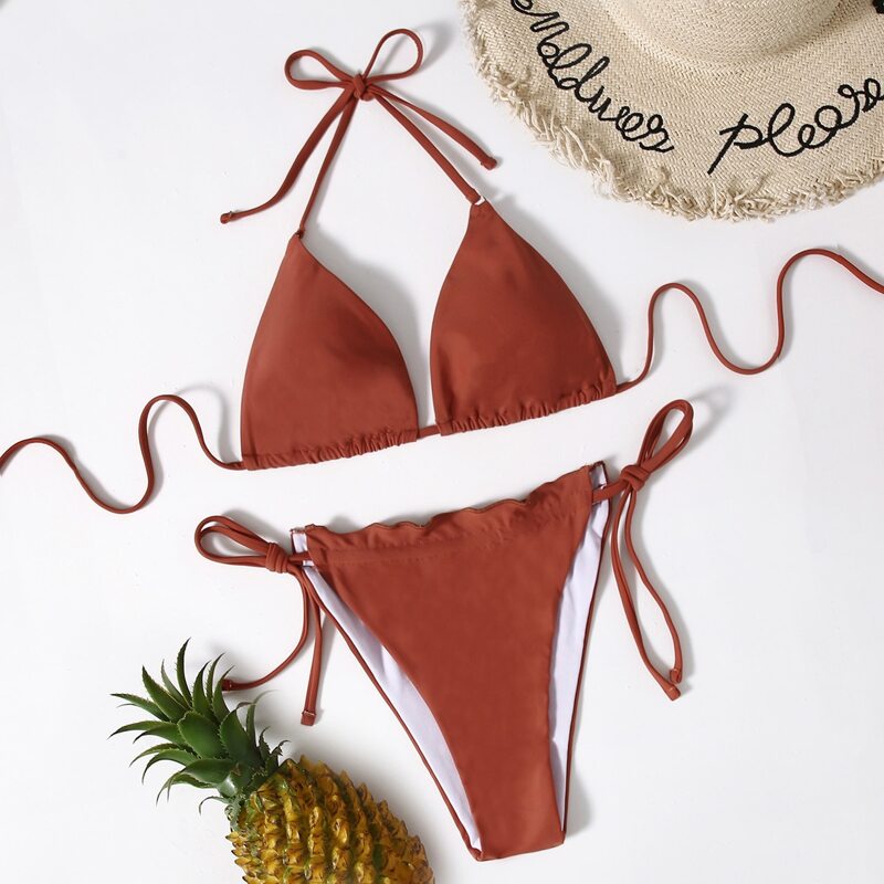 

Frill Trim Tie Side Bikini Swimsuit, Red