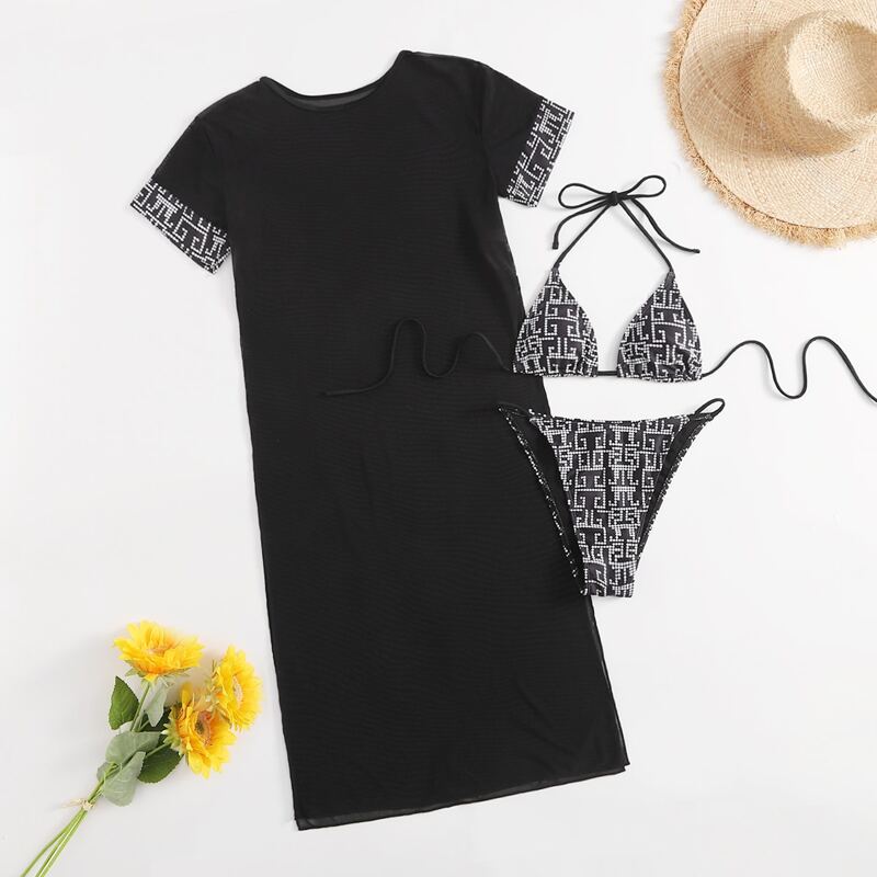 

3pack Geometric Halter Bikini Swimsuit & Cover Up, Black